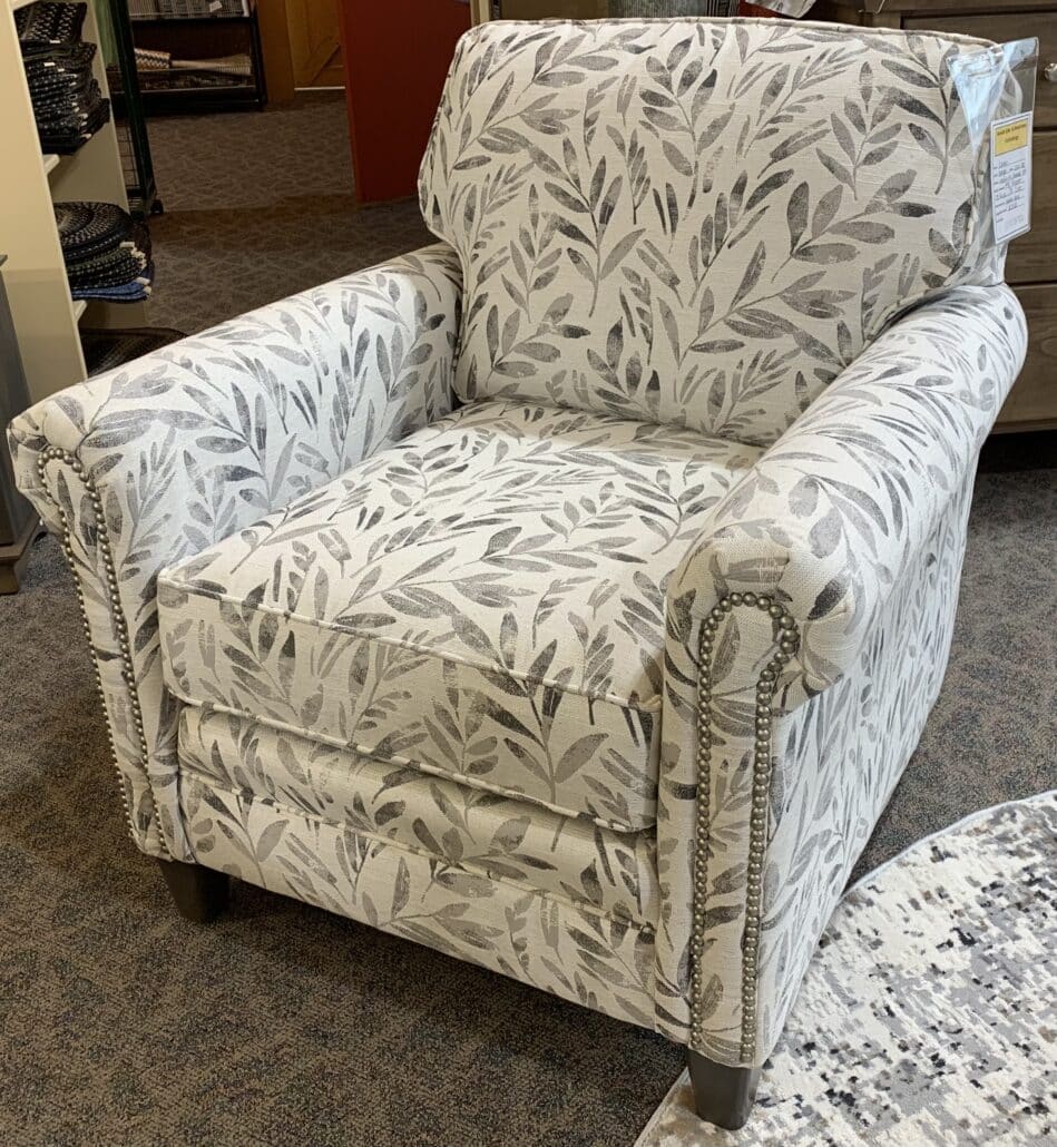 Smith Brothers Chair, Shown in a Gray Leaf Pattern Fabric - Amish Oak